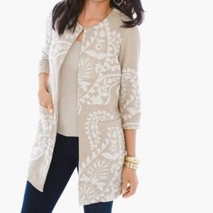Chico's Tan and White Linen Paisley Print 3/4 Sleeve Long Jacket Size   Medium